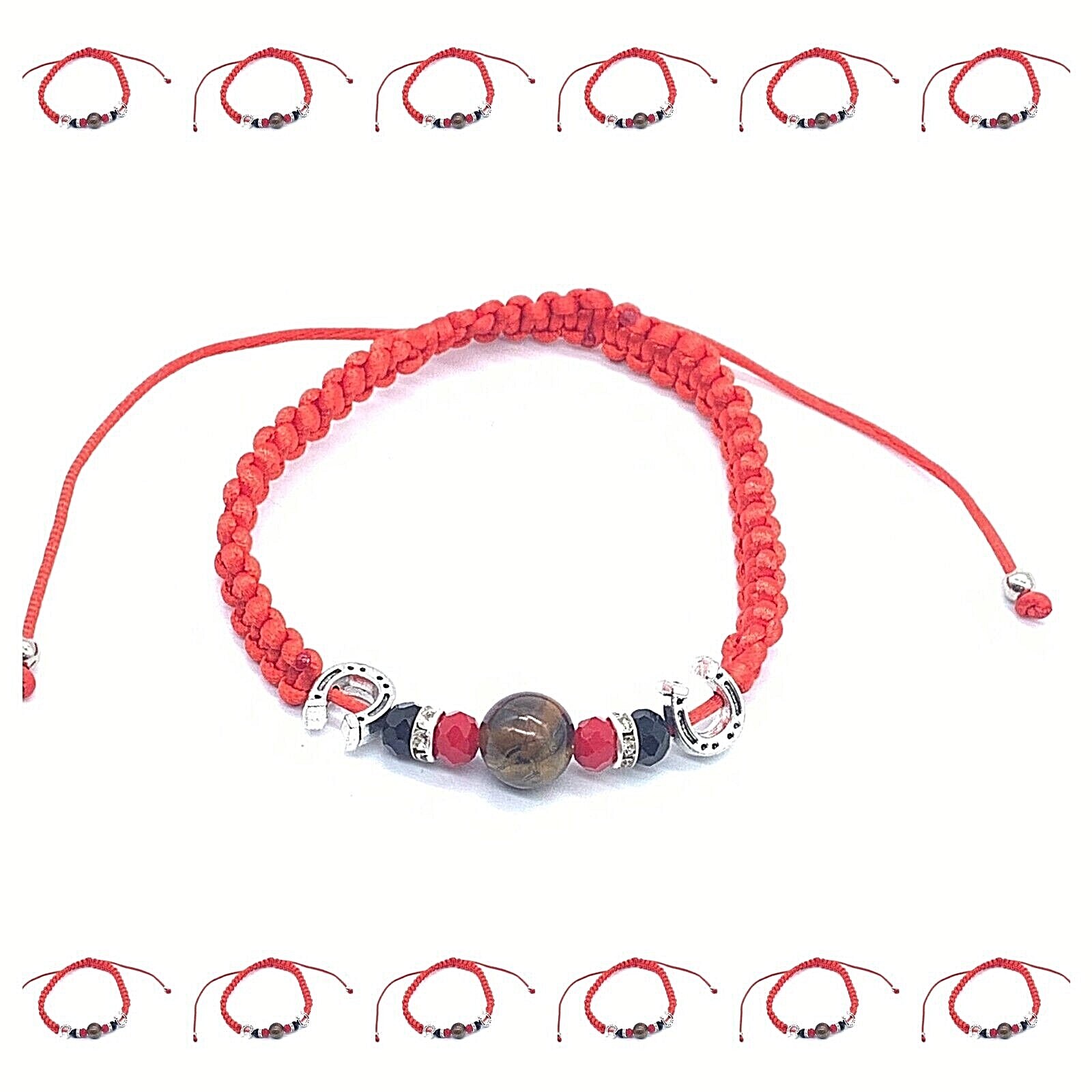 Red Macramé Bracelet with Tiger Eye Bead and Horseshoe Charm 6.5in-12in Pack of 12-image
