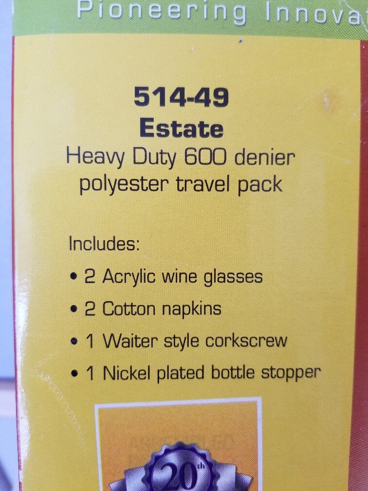 NIB Picnic Time Estate Wine Bag, Glasses, Napkins, Cork Stopper, Opener