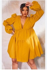 New Pretty Little Thing Dress Mustard Yellow Spring Size 20 Boho Puff Sleeve