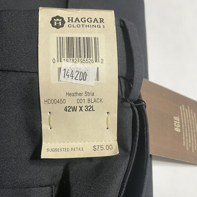 Haggar Eclo Black Dress Pants 42x32 Straight Fit Flat Front NWT
