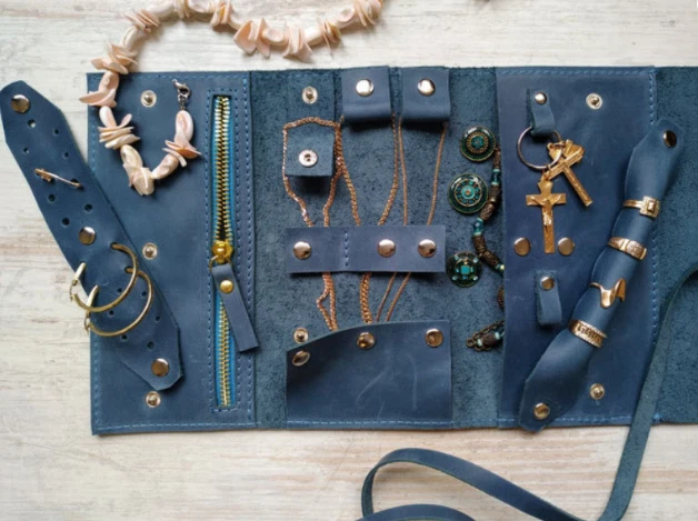 Joyería de viaje cosmética maquillaje bolsa reloj pulsera cuero vaca bolsa azul H974 Foto 2 de 4