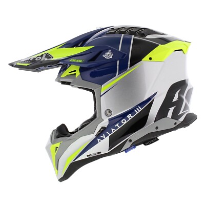 セキュリティ・セーフティ Airoh aviator3 Airoh Aviator 3 AMS² plus Push Gloss Silver Blue Offroad MX Helmet