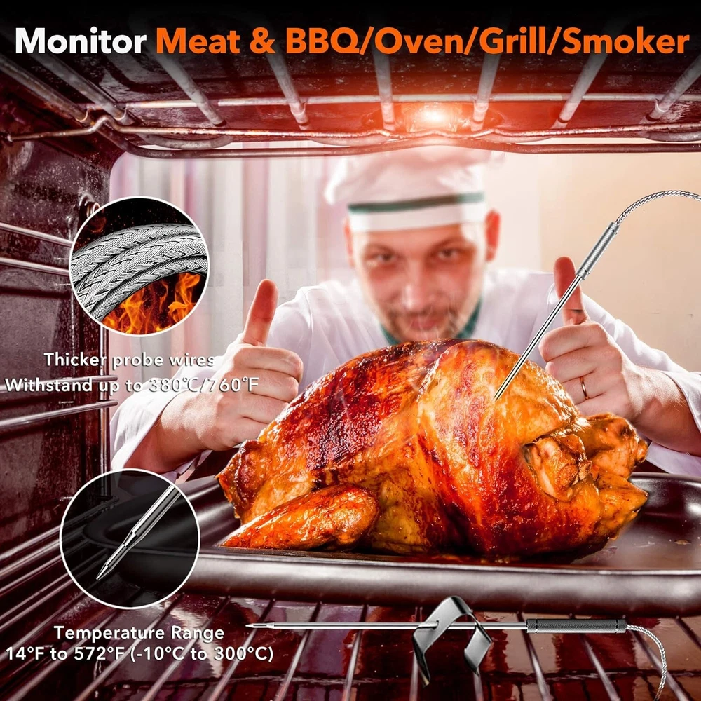 Digital Meat Thermometer - Wireless, Remote Range of 500FT, Dual Probes