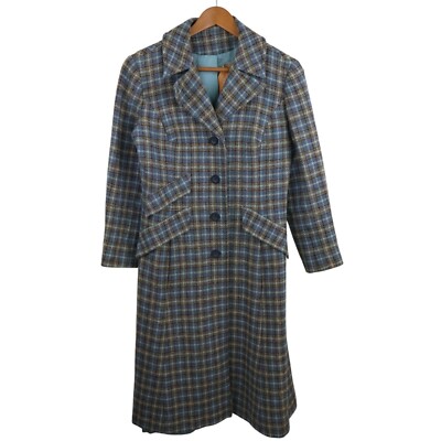 Vtg Pendleton Wool Tweed Plaid Peacoat Long Trench Jacket Womens Sz 0 2 XS Small
