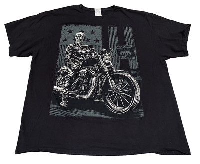 Motorcycle Skeleton Biker Historic Route 66 Black SS T-Shirt Men's Size 2XL Used
