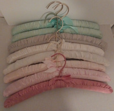 Lot of eight vintage satin padded hangers 16" with ribbon bows coated hooks