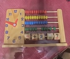 Wooden Child's learning toy-Abacus, Time tell clock, addition wheels-painted