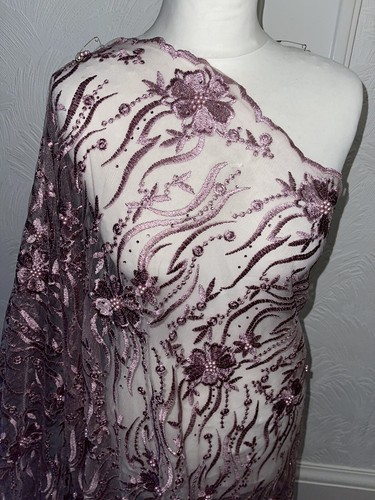 1M New Dusty Pink Embroided Pearl Beaded Scalloped Bridal lace Fabric 55”wide - Picture 3 of 6