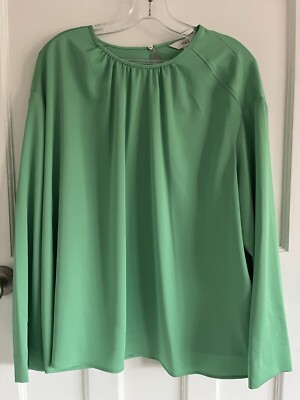 LOVELY MARKS & SPENCER LEAF GREEN SATIN LONG SLEEVED ROUND NECK TOP -SIZE 20-NEW
