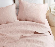 BLUSH PINK MATELASSE 3pc King QUILT SET : FRENCH COTTAGE TILE COVERLET FARMHOUSE