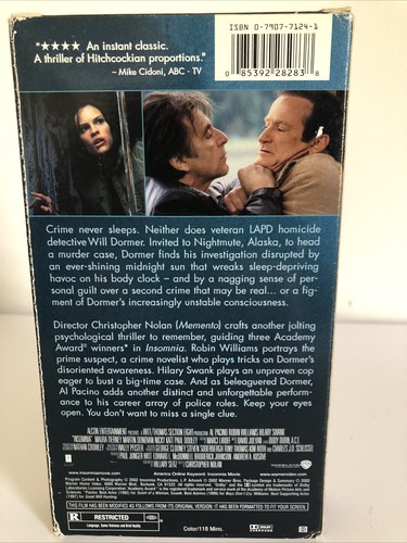 Insomnia VHS 2002 Al Pacino Robin WIlliams - Picture 2 of 3
