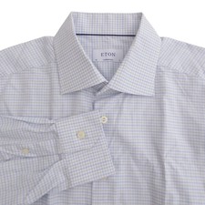 Eton Mens Dress Shirt Blue Gingham Plaid Check Button Size 17 Contemporary Fit