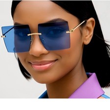 Square Sunglasses Rimless Oversized Fashion Blue Tinted Lens Sun Glasses Women