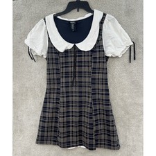 Thorn & Fable Plaid Mini Dress M Navy Peter Pan Collar School Girl Dark Academia