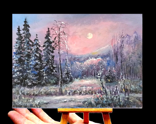 Original Landscape Winter ACEO Snow Forest trees oil painting signed