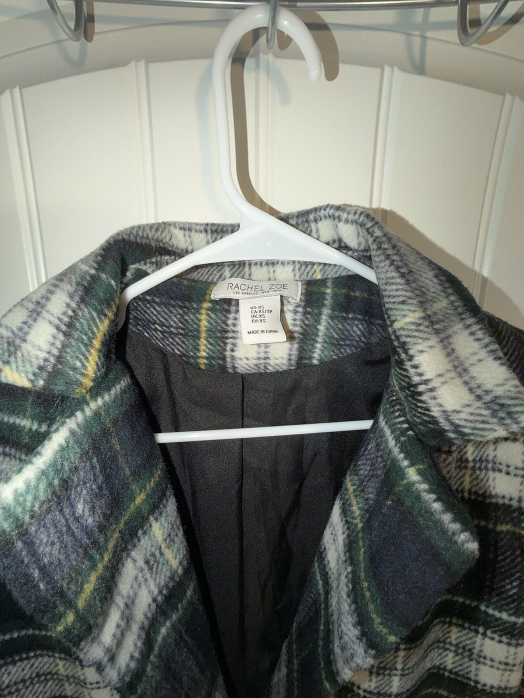 Rachel Zoe single-breasted long coat forest green tartan, notched lapel,, photo 2