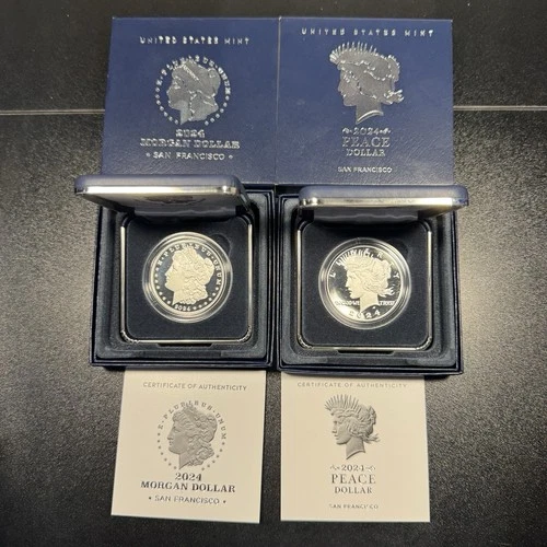 2024-S Morgan and Peace Silver Dollar Set of 2 Coins PROOF IN ORIGINAL BOX + COA