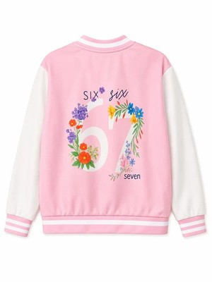Women s Pink Varsity Jacket Full Wool Floral 67 Embroidered Bomber Jacket Female