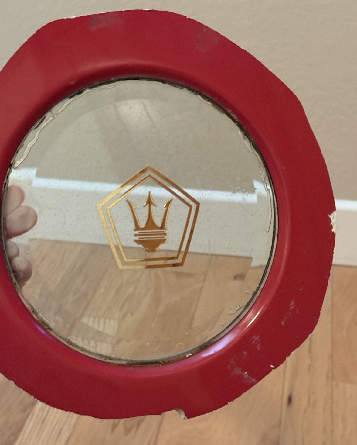 VINTAGE CHRYSLER TC BY MASERATI GLASS PORTHOLE WINDOW W/ GOLD TRIDENT LOGO