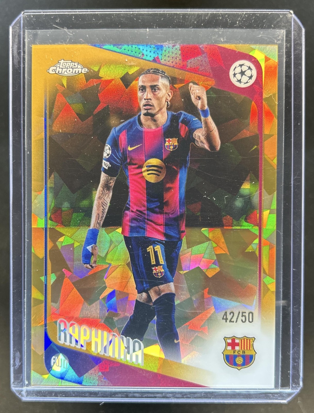 2025-26 Topps Chrome UEFA Sapphire Raphinha Gold Refractor #/50 Barcelona view 1