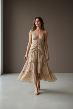 Storia Cottagecore Dainty Midi Floral Boho Strappy Tiered Midi Dress L Tan New