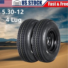 2 Pack 5.30-12 5.30x12 Trailer Tire With 12 Rims 4 Lug 6 Pr Spoke Black Wheels