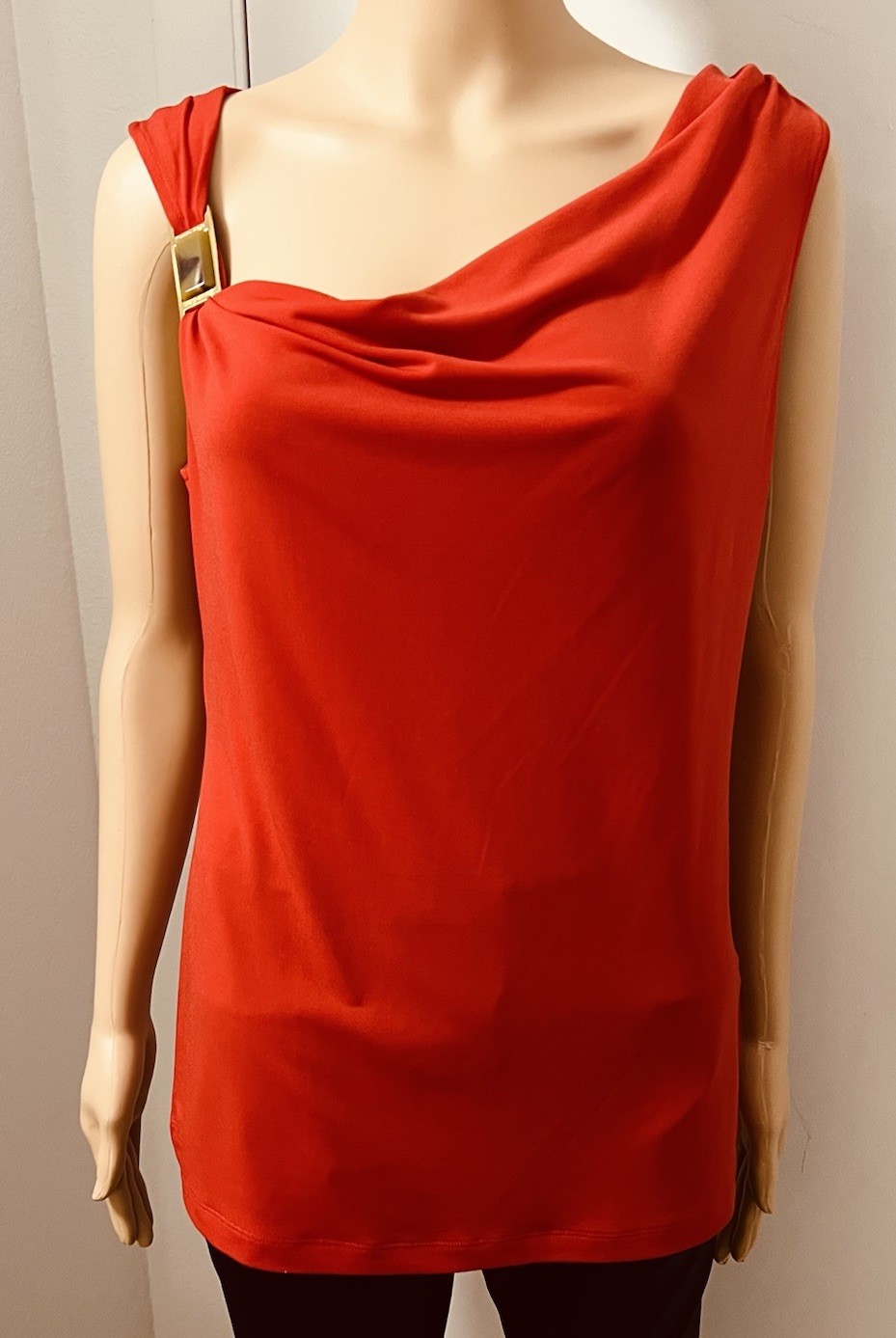 Calvin Klein Red Asymmetric Drape Sleeveless Buckle Brown Stone Blouse Top Sz M image 8