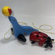 Vintage Brio Pull Toys Wooden Lot Of 2 Seal  Ladybug 1980s