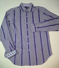 Robert Graham KWT Medium Purple Gingham Stripe Button Shirt Flip Cuff Contrast