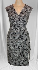 Ann Taylor XS Paisley True Wrap Dress Sleeveless V-Neck Tie Black White Knees