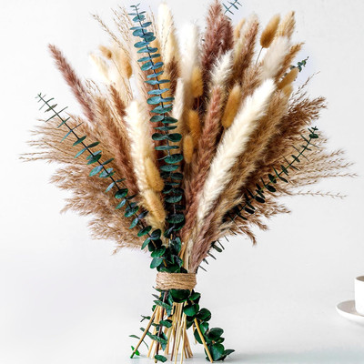 Pampas Grass Decor, Dried Flower Bouquet with Bunny Tail Grass, Pampas Grass & E