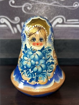Vtg Russian Matryoshka Hand Painted Chime Wobble Bell Doll Roly Poly