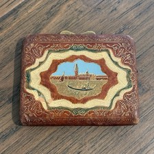 Vintage Italy Tooled Leather Coin Purse Venice Gondola Gold Painted Wallet