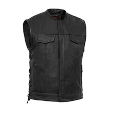 Men  s Black Leather Motorcycle vest - Side laces Without Collar - Conceal Pocket