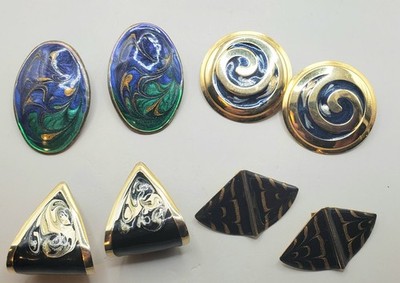 4 Pr Vtg Enamel Pierced Earrings Blue  Green Oval, Spiral, Rectangle, Fan Shape