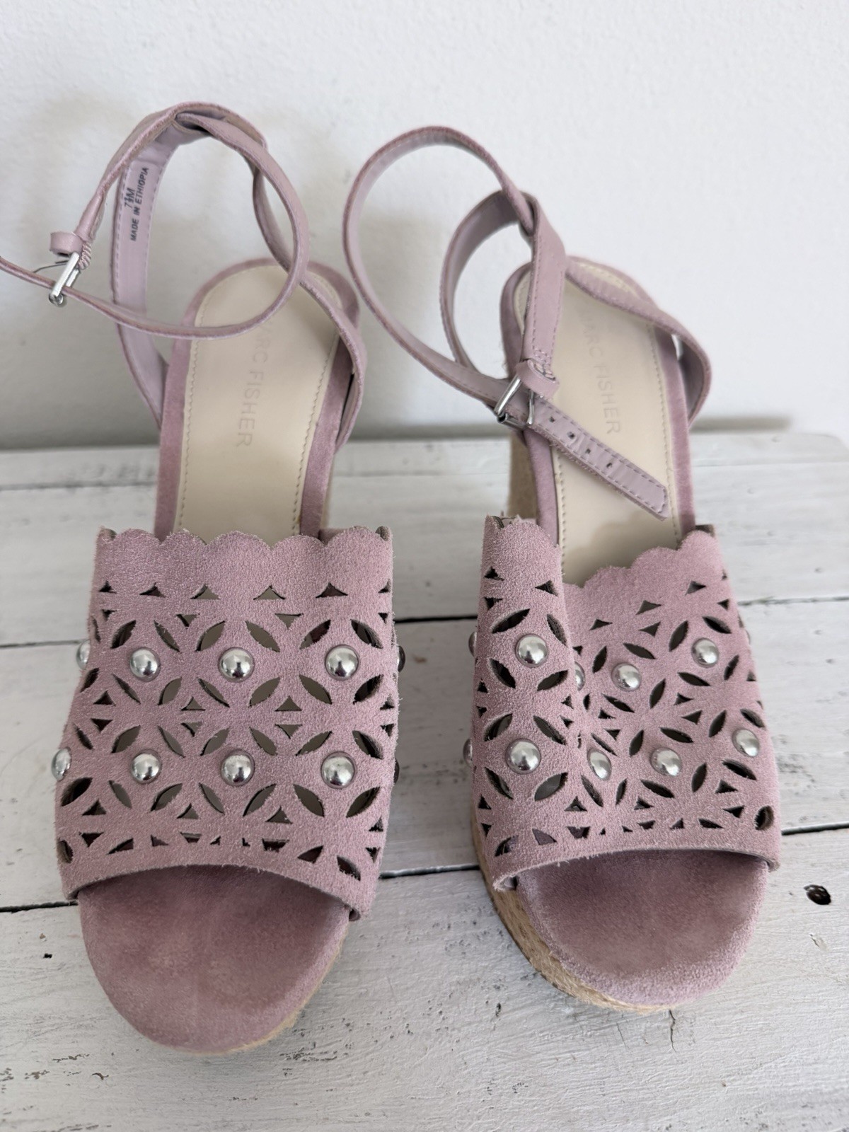 Marc Fisher Women's Kai Sandal Pink Suede Wedge Platform Espadrille Size 7.5M