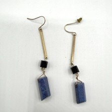 Lapis Lazuli Black Onyx Gold Tone Long Dangle Earrings Boho Geometric Gift Her