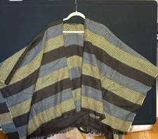 Striped Poncho Cape Shawl Fringe Brown Blue Yellow Women's One Size Western Boho