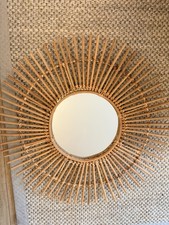 Large Bamboo Cane Wall Mirror Hanging Boho Tiki Round Sunburst 50cm