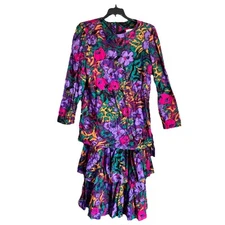 Vintage New LOOKs California Sz 10 Floral Long Sleeve Ruffle Dress NWT