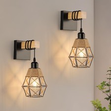 Wall Lights Indoor 2-Pack, Vintage Wood Wall Lamp Black Rustic Rope Sconce Retro