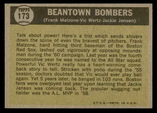 1961 Topps  #173 Beantown Bombers NR-MINT clean crisp and sharp card - Picture 2 of 2