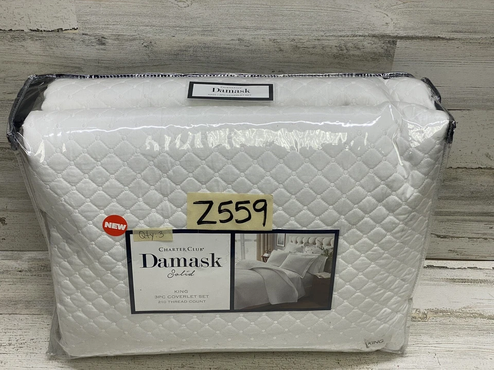 Charter Club Damask Quilted Solid King Coverlet & Shams 3pc Set White New - Image 2 of 4