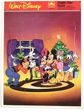 Vintage Disney Golden Frame Tray Puzzle Mickey Friends Taking Christmas Photo