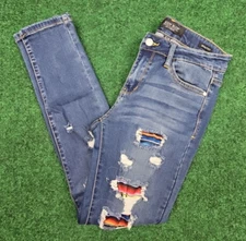 Judy Blue Skinny Jeans 7/28 Destroyed Serape Patch Mid Rise Rainbow Ripped 28x29