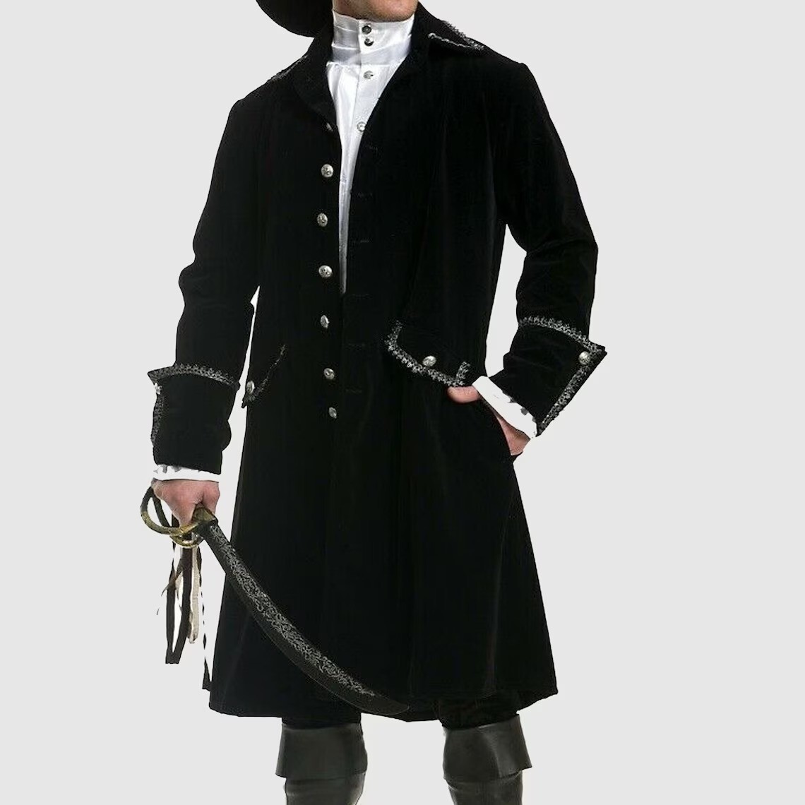 Men's Black Deluxe Pirate Jacket with Pockets Costume,Mens velvet pirate coat   