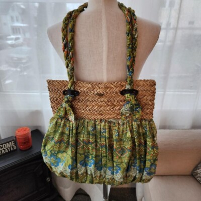 Cappelli Straworld handbag tote purse straw braided handles green biue O1 