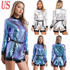 US Women Shiny Metallic Space Astronaut Overall Shorts Halloween Cosplay Costume