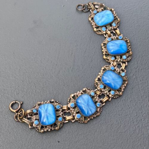 Vintage Czech Star Sapphire glass Bracelet . Art Deco Costume jewelry - Picture 2 of 9