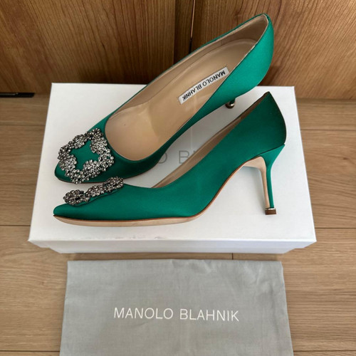 Manolo Blahnik Hangisi Jewel Buckle Pumps Green Satin Women's 37.5 US7.5 Unused